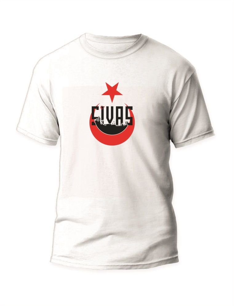 Sivas Yazılı Sivas Silüetli ve Ayyıldız Temalı Beyaz Sıfır Yaka Tişört