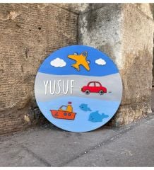 Kişiye Özel Taşıtlar Temalı Bebek Odası Kapısı Süsü