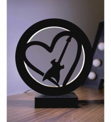 Kalp Gitar Müzik Led Masa Lambası Ahşap