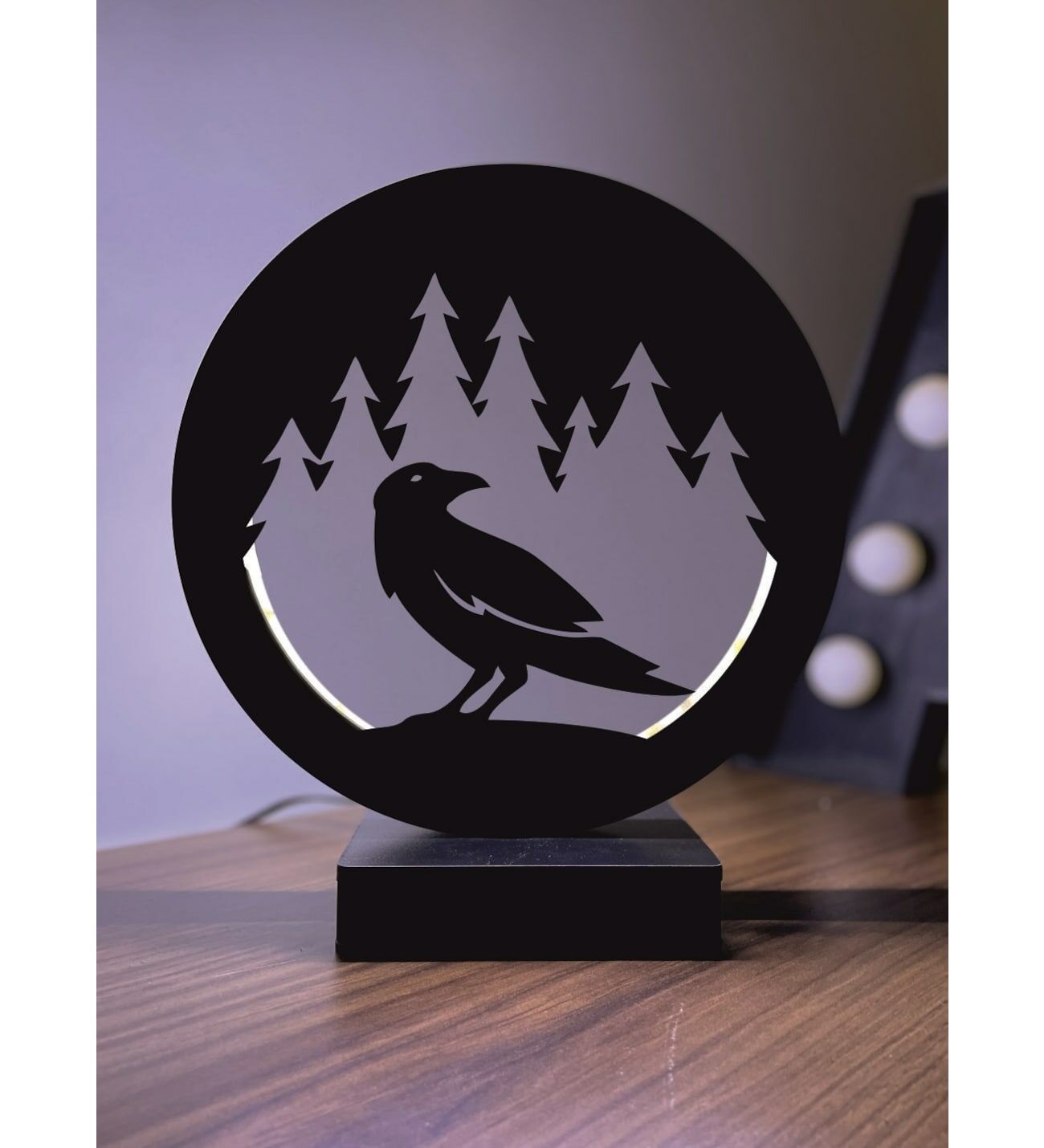 Karga Crow Figürü Siluet Manzara Led Masa Lambası Ahşap