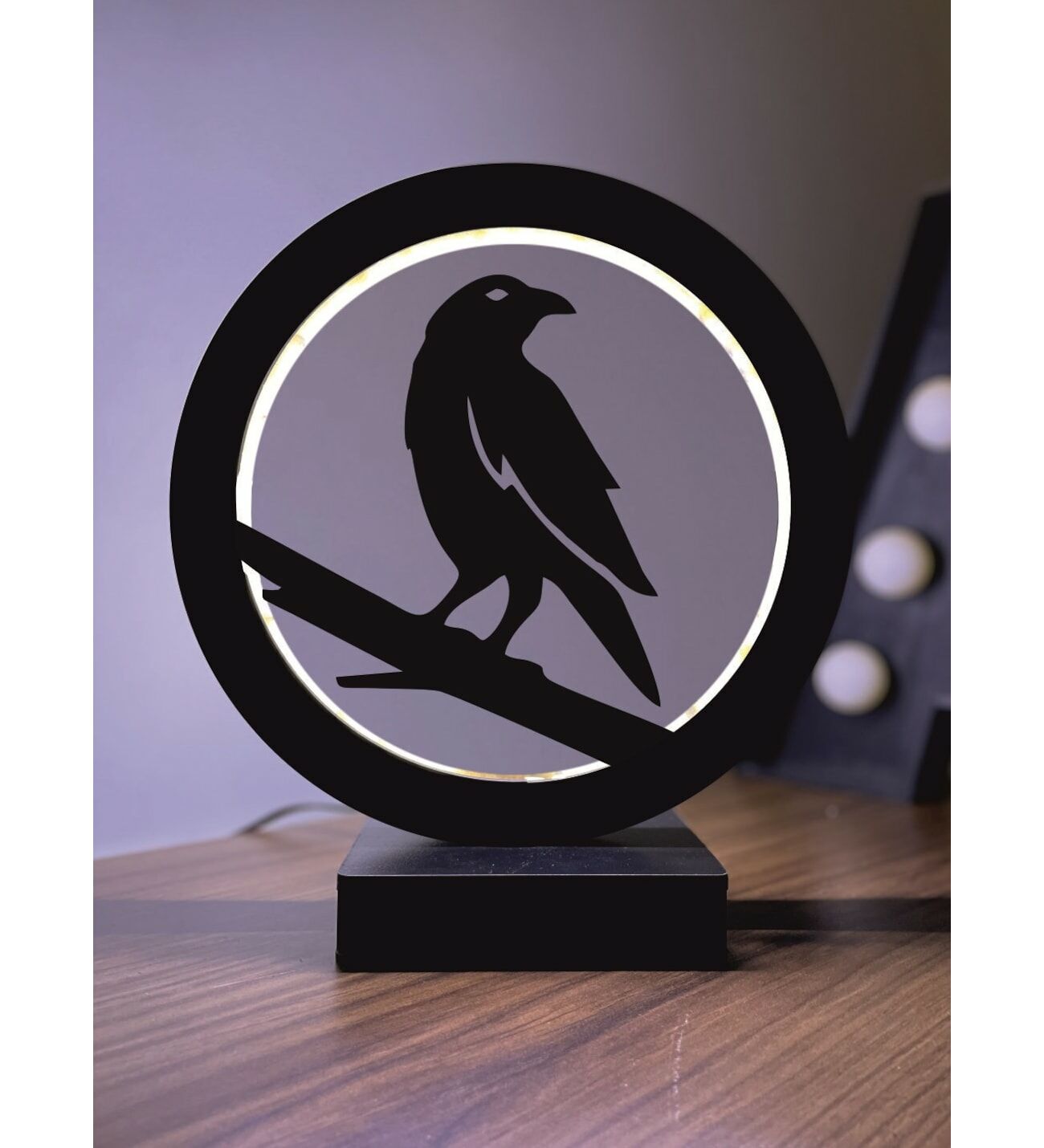 Karga Crow Siluet Led Masa Lambası Ahşap