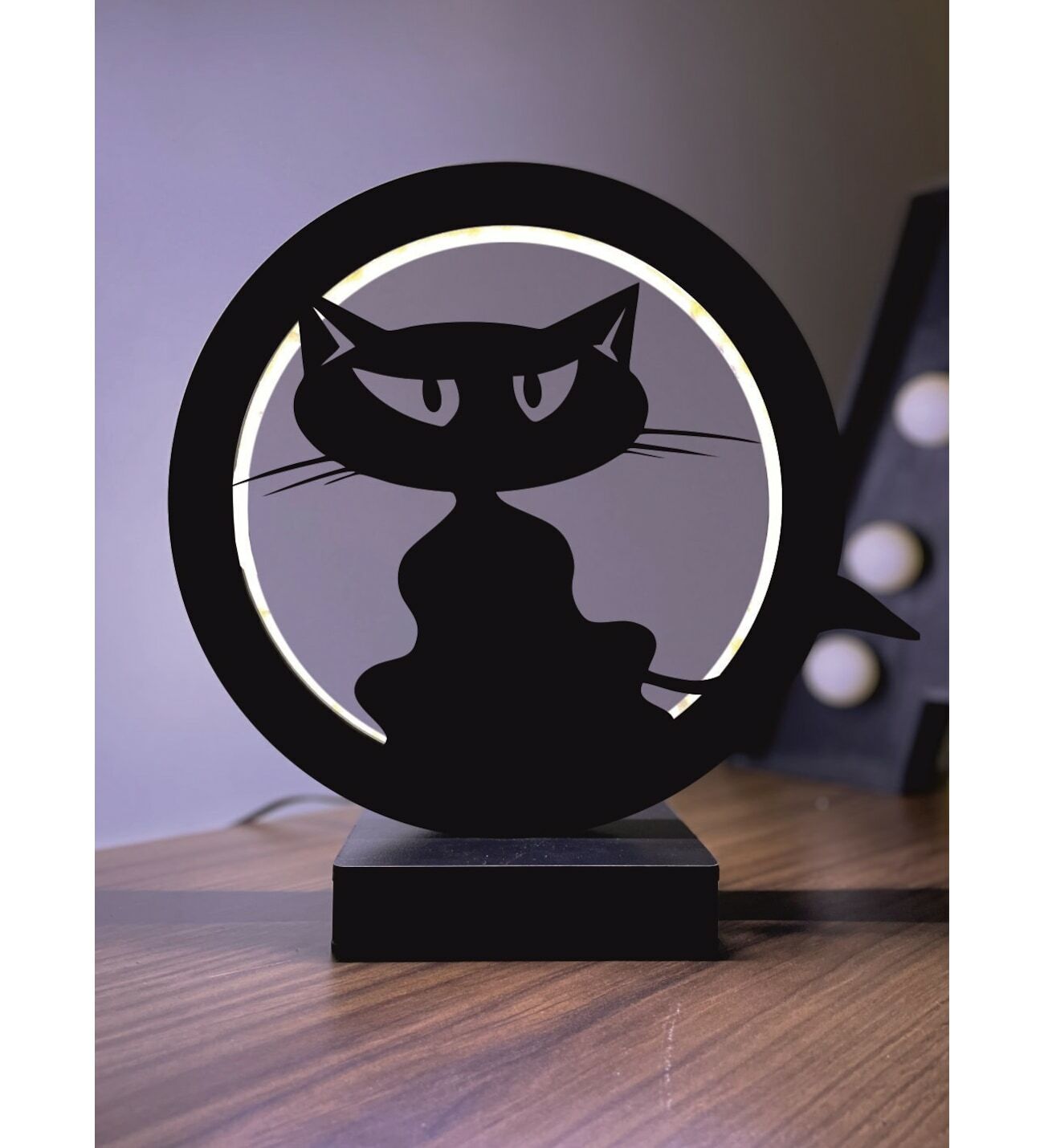 Kedi Figürü Silueti Led Masa Lambası Ahşap