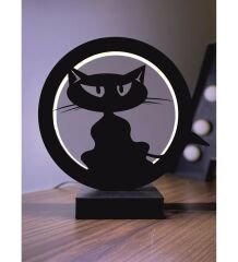 Kedi Figürü Silueti Led Masa Lambası Ahşap