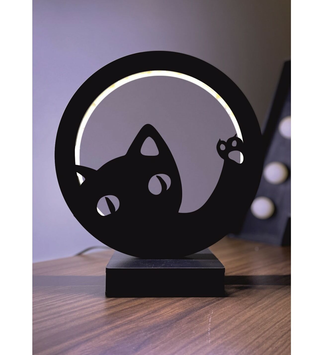 Sevimli Kedi Figürü Led Masa Lambası Ahşap