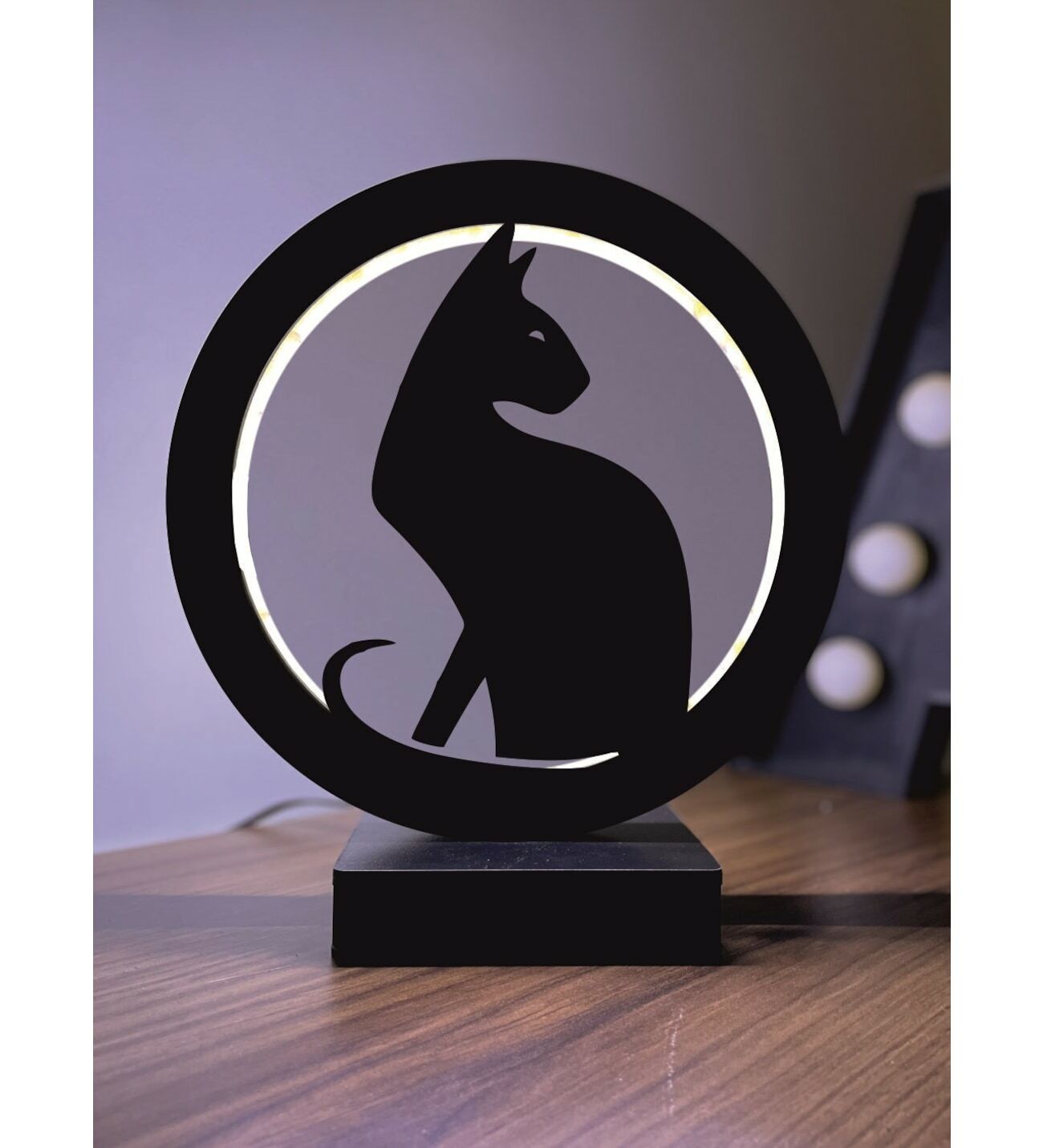 Kedi Figürü Led Masa Lambası Ahşap