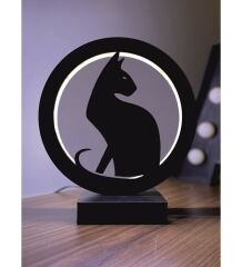 Kedi Figürü Led Masa Lambası Ahşap