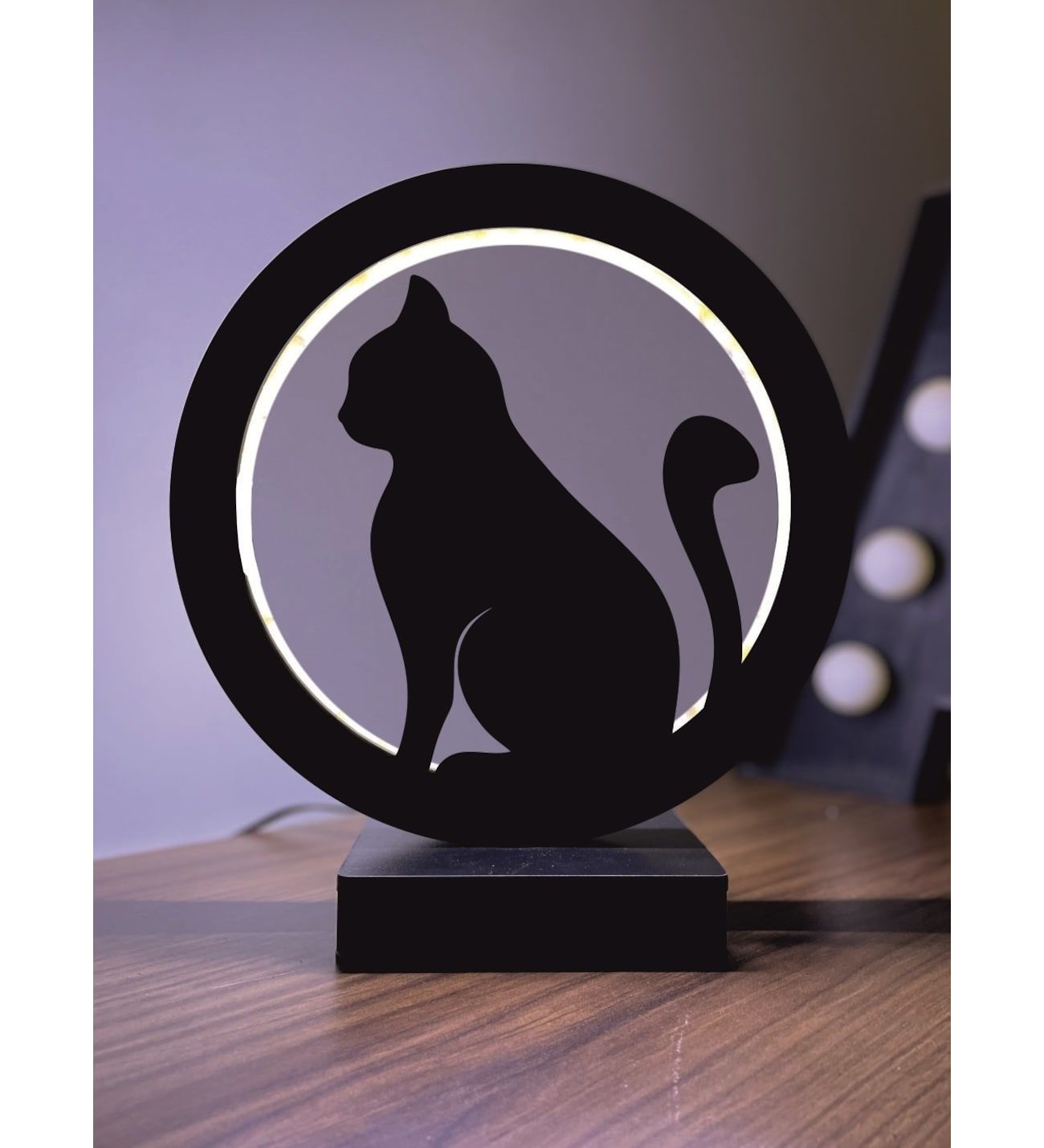 Kedi Siluet Led Masa Lambası Ahşap 1