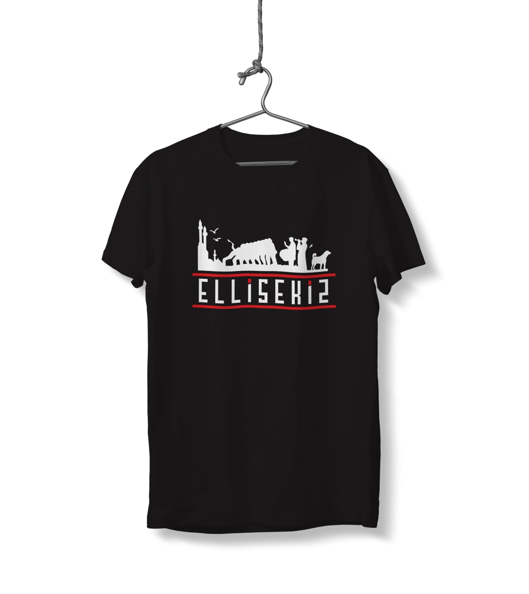Ellisekiz Yazılı Sivas ve Halay Temalı Unisex Siyah Sıfır Yaka Tişört