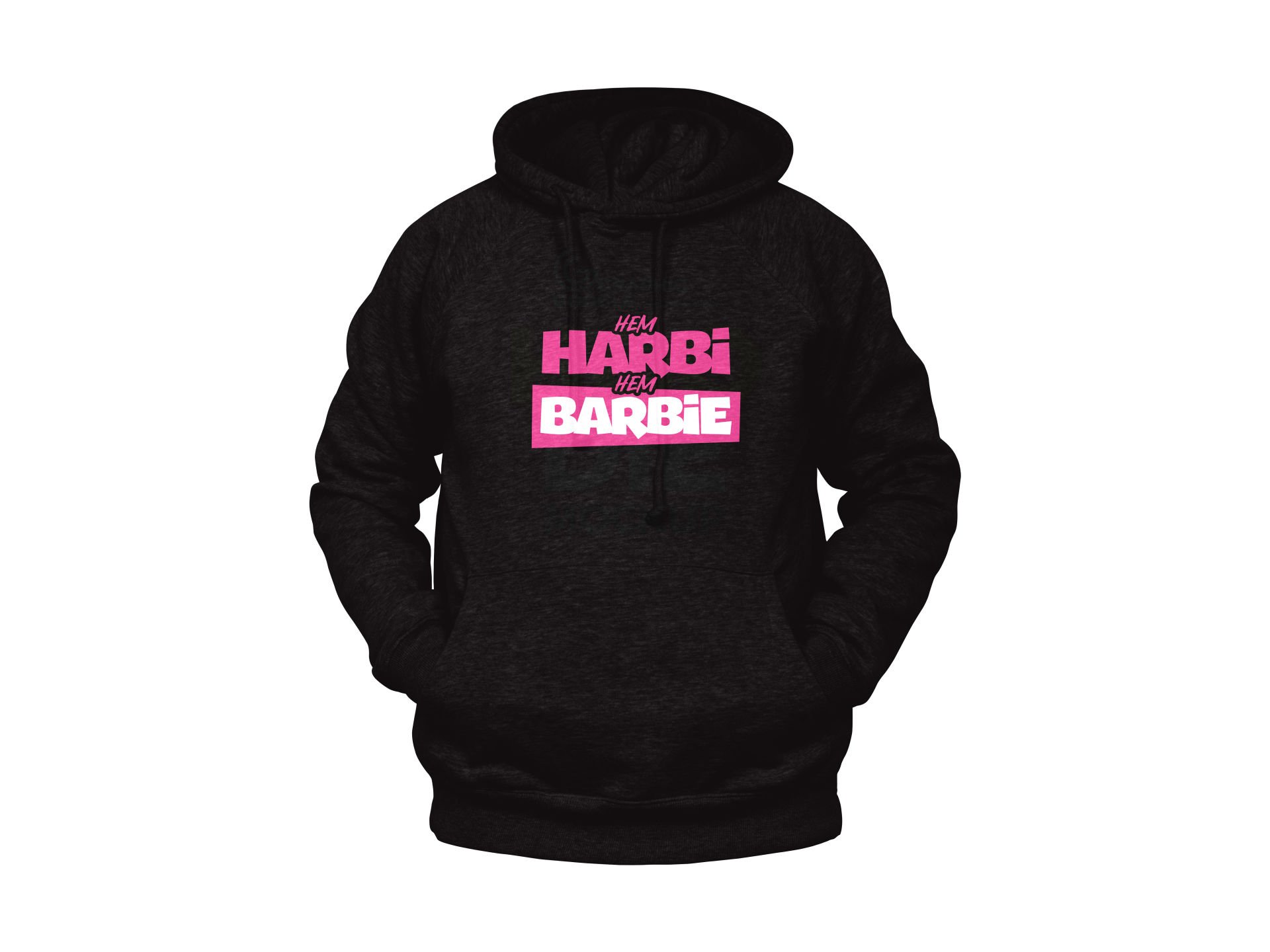 Hem Harbi Hem Barbie Yazılı Unisex Siyah Oversize Kapüşonlu Sweatshirt