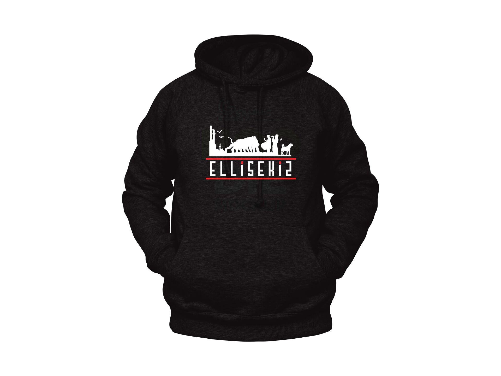 Ellisekiz Yazılı Sivas ve Halay Temalı Unisex Siyah Oversize Kapüşonlu Sweatshirt
