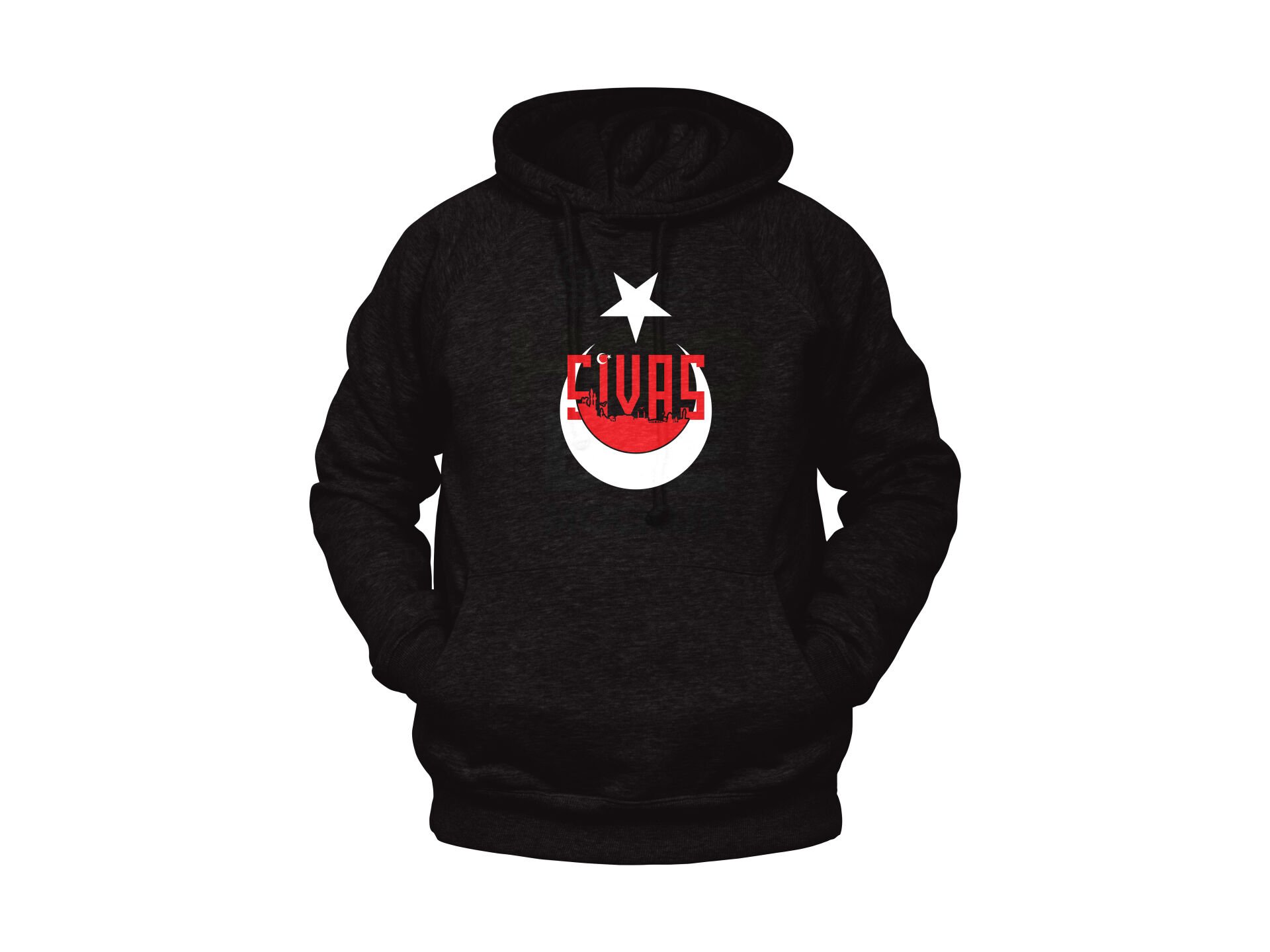 Sivas Yazılı Sivas Silüetli ve Ayyıldız Temalı Unisex Siyah Oversize Kapüşonlu Sweatshirt