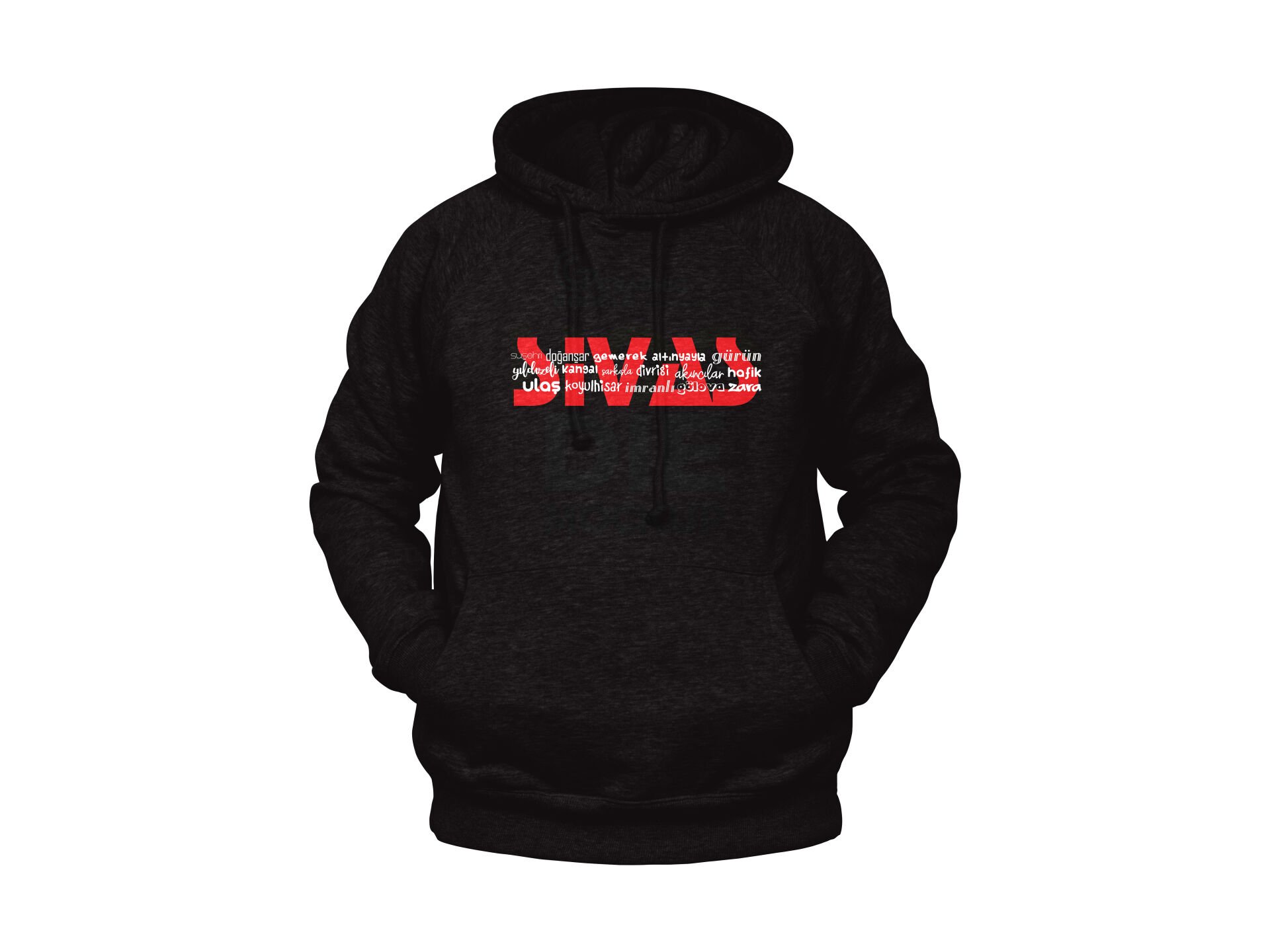 Sivas ve İlçeleri Yazılı Sivas Temalı Unisex Siyah Oversize Kapüşonlu Sweatshirt