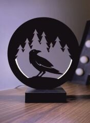 Karga Crow Figürü Siluet Manzara Led Masa Lambası Ahşap